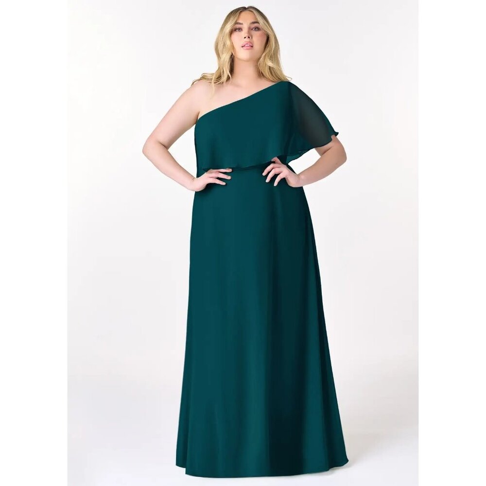 AZAZIE Pine A-Line One Shoulder Chiffon Maxi Formal Dress Ruffle Overlay Size 14